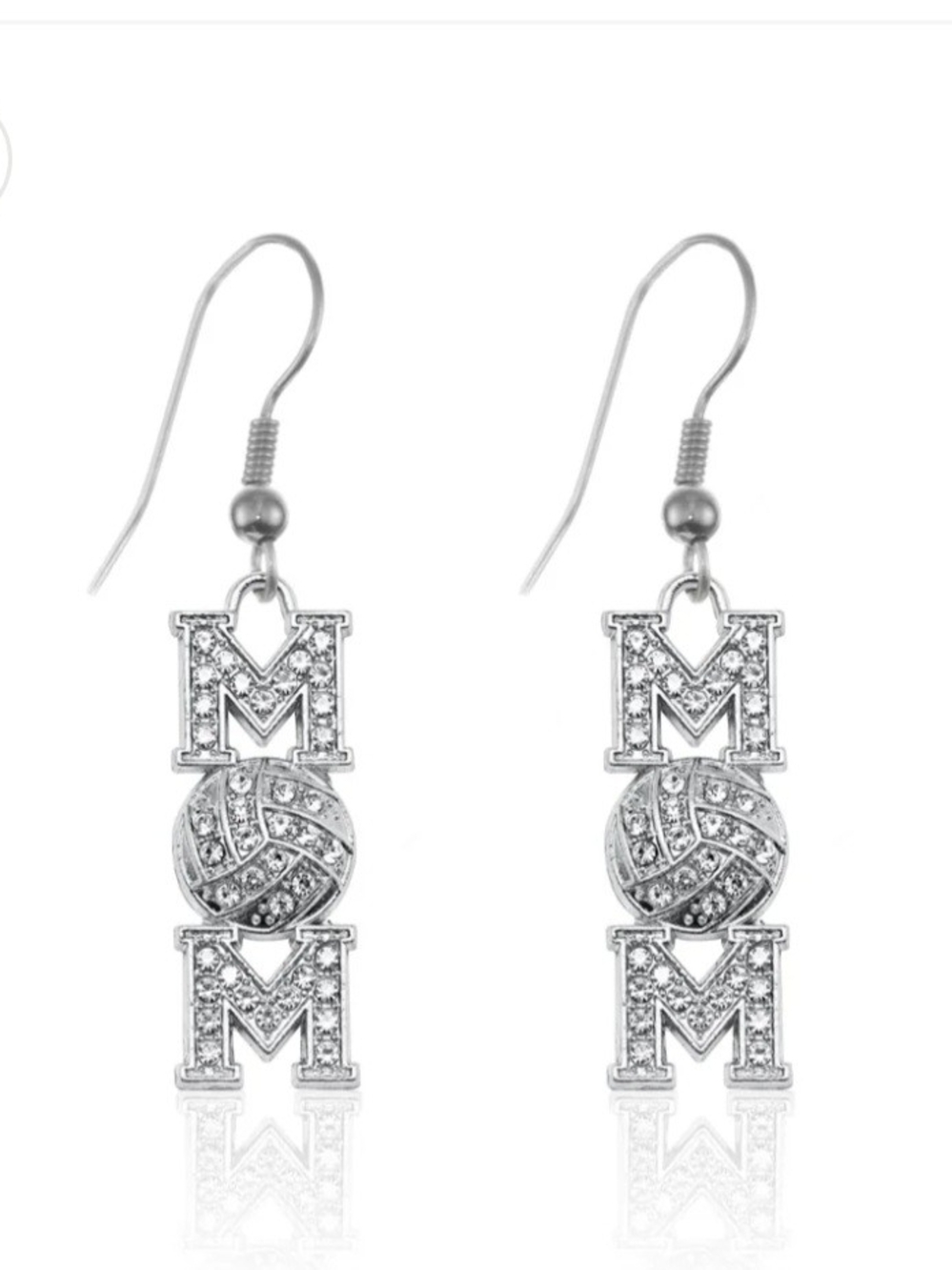 Silver MOM Volleyball Dangle Earrings with Crystal Accents
